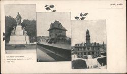 Lynn MA Soldiers' Monument, B&M Depot, City Hall Postcard
