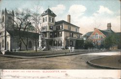 Public Library and High School, Gloucester, MA Postcard