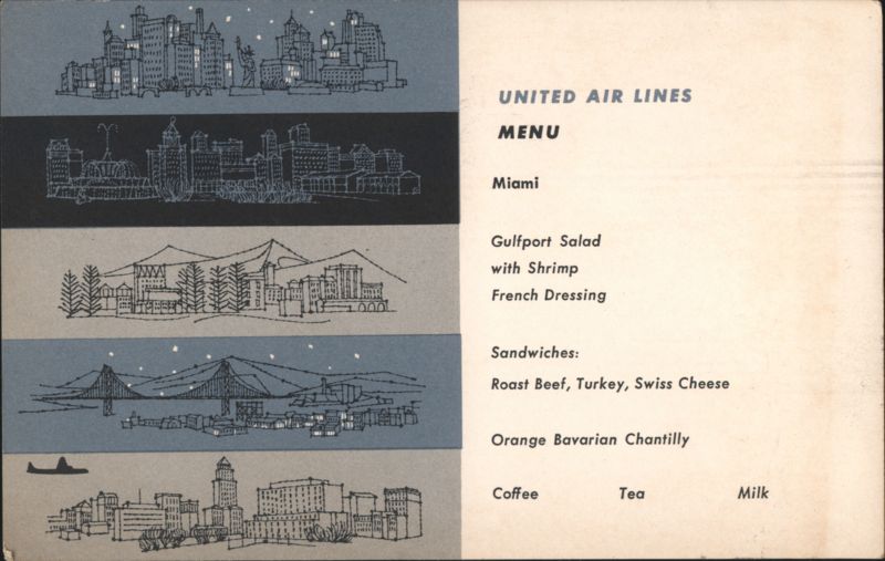 United Air Lines Menu Miami Coach Flights Florida Airline Advertising