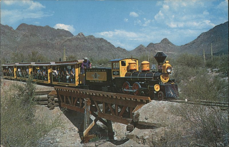 Old Tucson R.R. woodburner train, desert mountains Arizona
