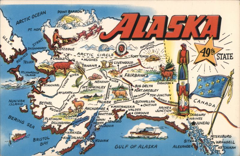 ALASKA 49th STATE Map with Wildlife & Landmarks ALASKA JOE