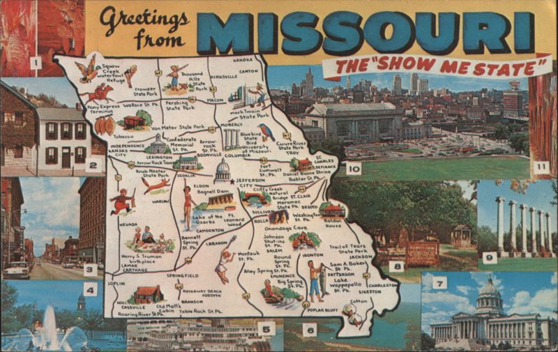 Greetings from Missouri 'Show Me State' Map Landmarks