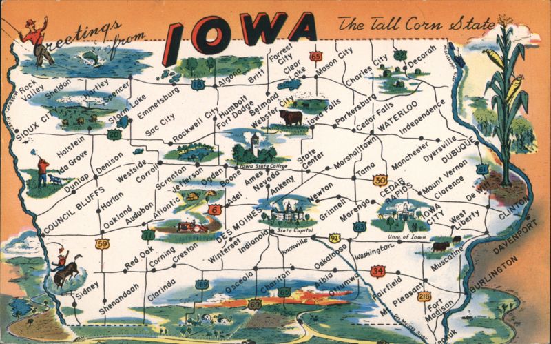 Pictorial Map of IOWA The Tall Corn State