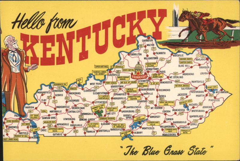 Hello from Kentucky Map & Racehorses - The Blue Grass State