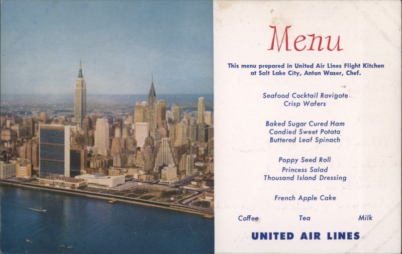 United Air Lines Menu, NYC Skyline, UN Building, Empire State New York