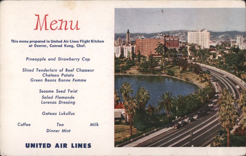 United Air Lines Flight Menu & Los Angeles MacArthur Park California