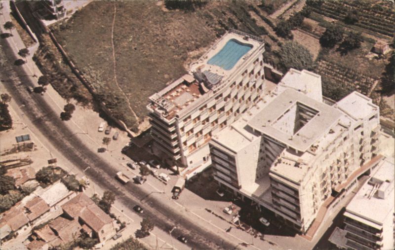 Aerial view of Caesar Augustus Hotel with roof garden and pool Rome Italy