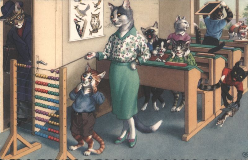 Cat Teacher & Students in Classroom with Abacus Dressed Animals