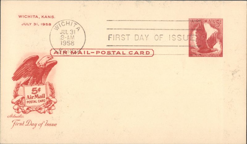 First Day of Issue 5¢ Air Mail Postal Card Eagle Design Wichita Kansas