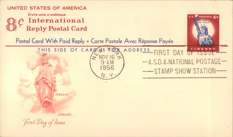 8¢ International Reply Postal Card First Day Issue New York