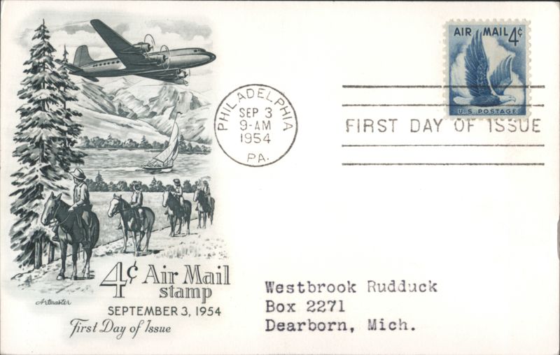 4¢ Air Mail Stamp First Day Issue 1954 Airplane Horses