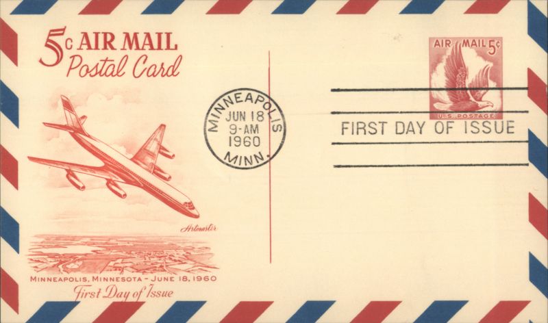 5¢ Air Mail Postal Card First Day of Issue Airplane Minneapolis Minnesota