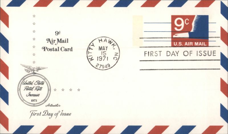 9¢ Air Mail Postal Card First Day of Issue Kitty Hawk NC North Carolina