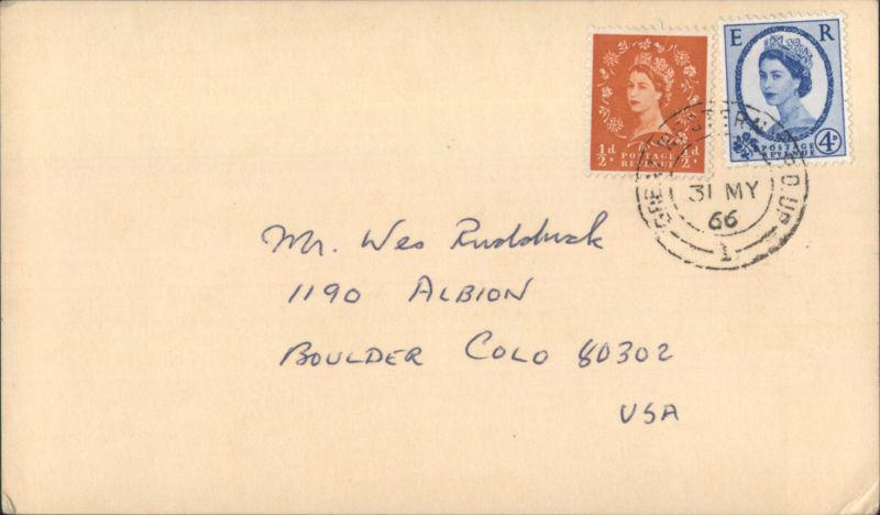 Queen Elizabeth II Stamps, 1966 Postmarked Envelope