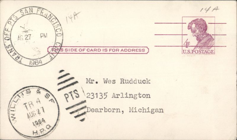 Mailed to Dearborn MI from San Francisco HPO 1964 Postal Cards
