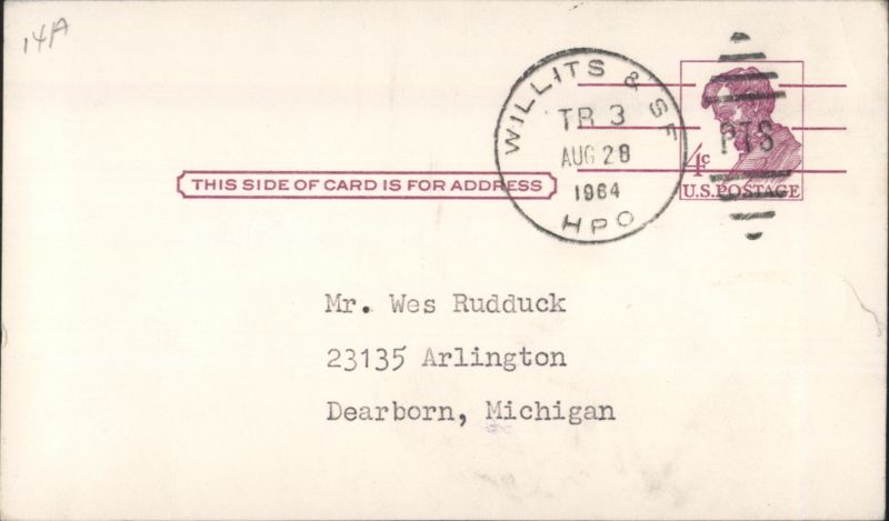 Addressed Card to Mr. Wes Rudduck, Dearborn, MI 1964 Michigan