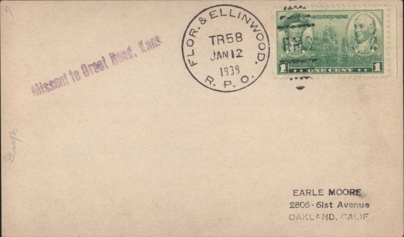 1939 Flor. & Ellinwood RPO Postmark, Oakland, CA Postal Cards