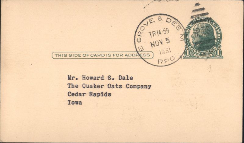 Ground Cobs Billing, Quaker Oats, RPO Postmark 1951
