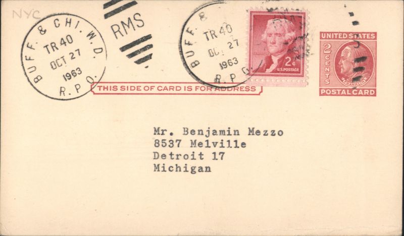 BUFF. & CHI. TR 40 R.P.O. OCT 27 1963 Postal Card Postal Cards