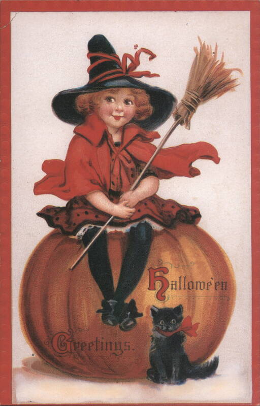 Repro: Halloween Greetings Witch Girl Pumpkin Black Cat