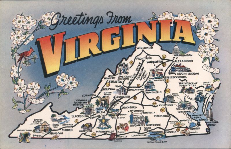 Greetings from Virginia Map with Landmarks & Flowers
