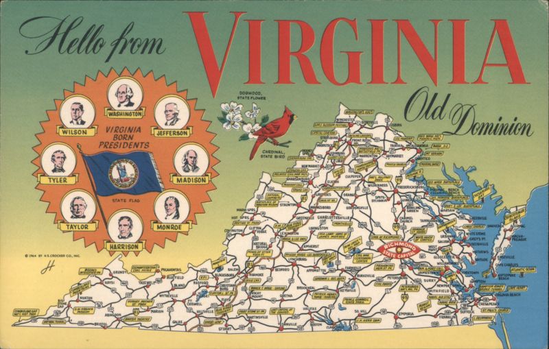 Virginia Old Dominion Map, Born Presidents, State Symbols