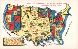 Texans' Map of U.S.A. - El Paso to Texarkana Further Than New York Postcard