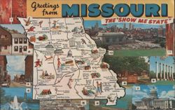 Greetings from Missouri 'Show Me State' Map Landmarks Postcard