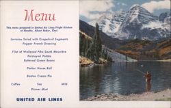 United Air Lines Menu, Colorado Rockies Lake & Fisherman Postcard