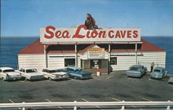 Sea Lion Caves, Florence, OR with large sea lion statue Postcard