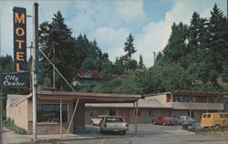City Center Motel Shelton WA, Cars, Pine Trees Postcard