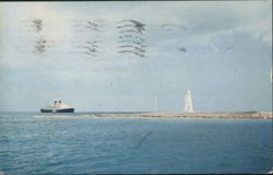 CUNARD LINE Express Liner & Hog Island Lighthouse Postcard
