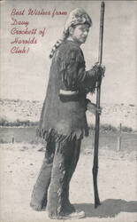 Davy Crockett Harolds Club Best Wishes Man Rifle Coonskin Cap Postcard