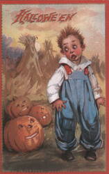 Repro: Hallowe'en Scared Child Jack-o'-lanterns Haystacks Moon Postcard