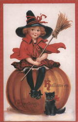 Repro: Halloween Greetings Witch Girl Pumpkin Black Cat Postcard