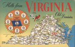 Virginia Old Dominion Map, Born Presidents, State Symbols Postcard