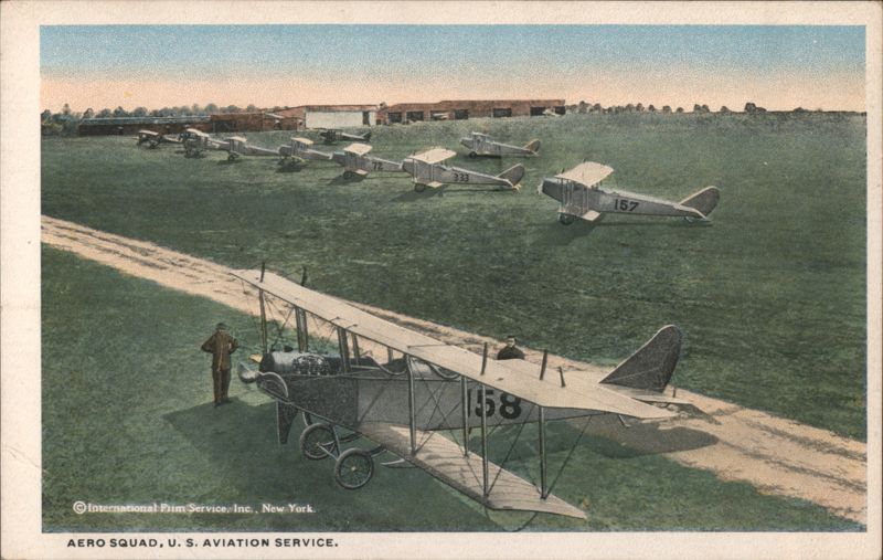 Aero Squad, U. S. Aviation Service Biplanes on Field