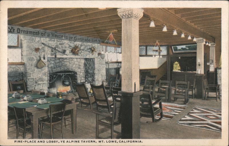 Fire-Place and Lobby, Ye Alpine Tavern, Mt. Lowe Mount Lowe California