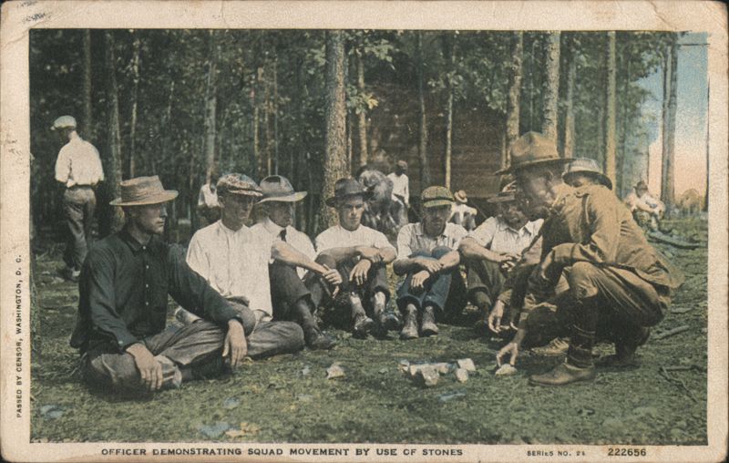 Officer Demonstrating Squad Movement by Use of Stones Camp Dodge Iowa
