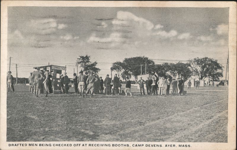 Drafted Men Checked Off at Receiving Booths, Camp Devens Ayer Massachusetts