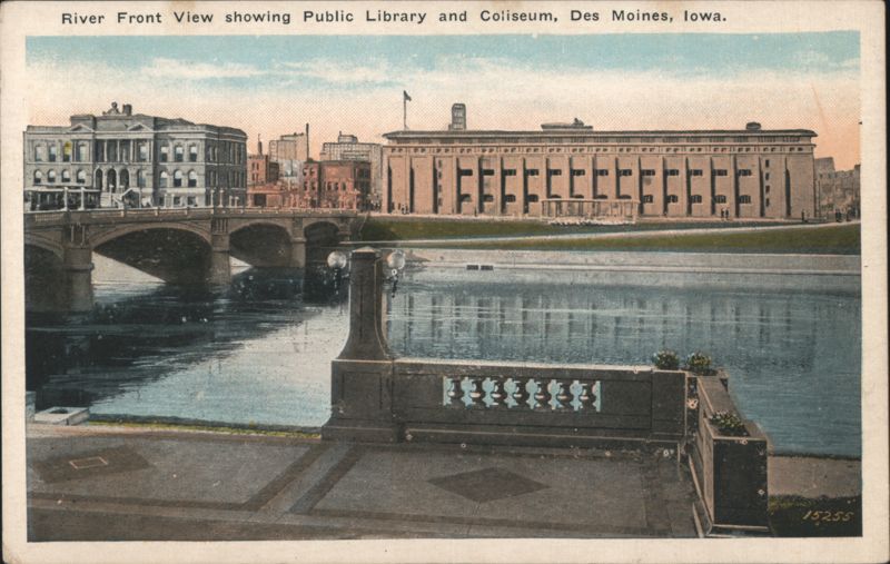 River Front View, Public Library & Coliseum, Des Moines Iowa