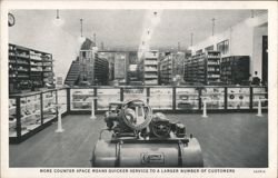 Store Interior, Quincy Compressor, Display Counters Postcard