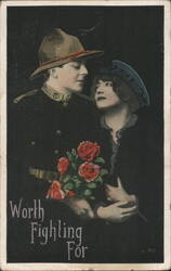 Worth Fighting For Soldier & Woman with Roses Postcard