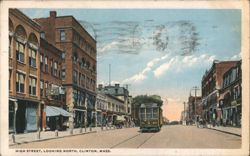 High Street, Looking North, Trolley Car & Businesses Postcard