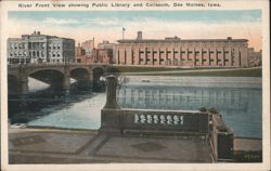 River Front View, Public Library & Coliseum, Des Moines Postcard