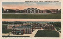 State Hospital Main Entrance & Bird's Eye View, Lima, OH Postcard