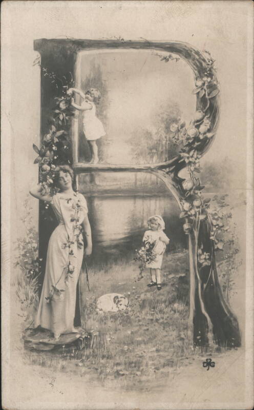 Artistic Letter R with Woman, Children, Dog, and Flowers