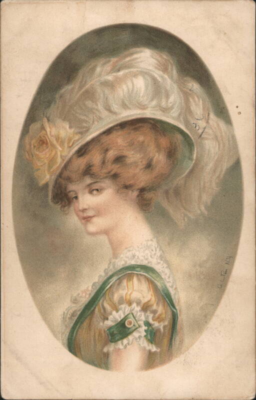 Woman in Large Feathered Hat with Yellow Rose G.L. Fuld N.Y.