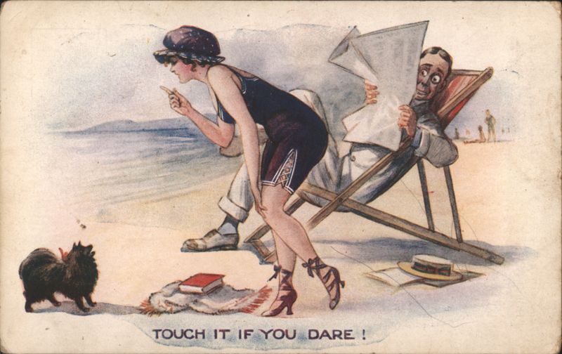 Touch It If You Dare! Woman with Dog, Startled Man at Beach