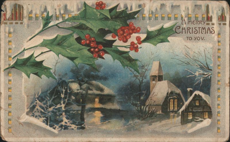 Merry Christmas, Snowy Village Scene with Holly and Church